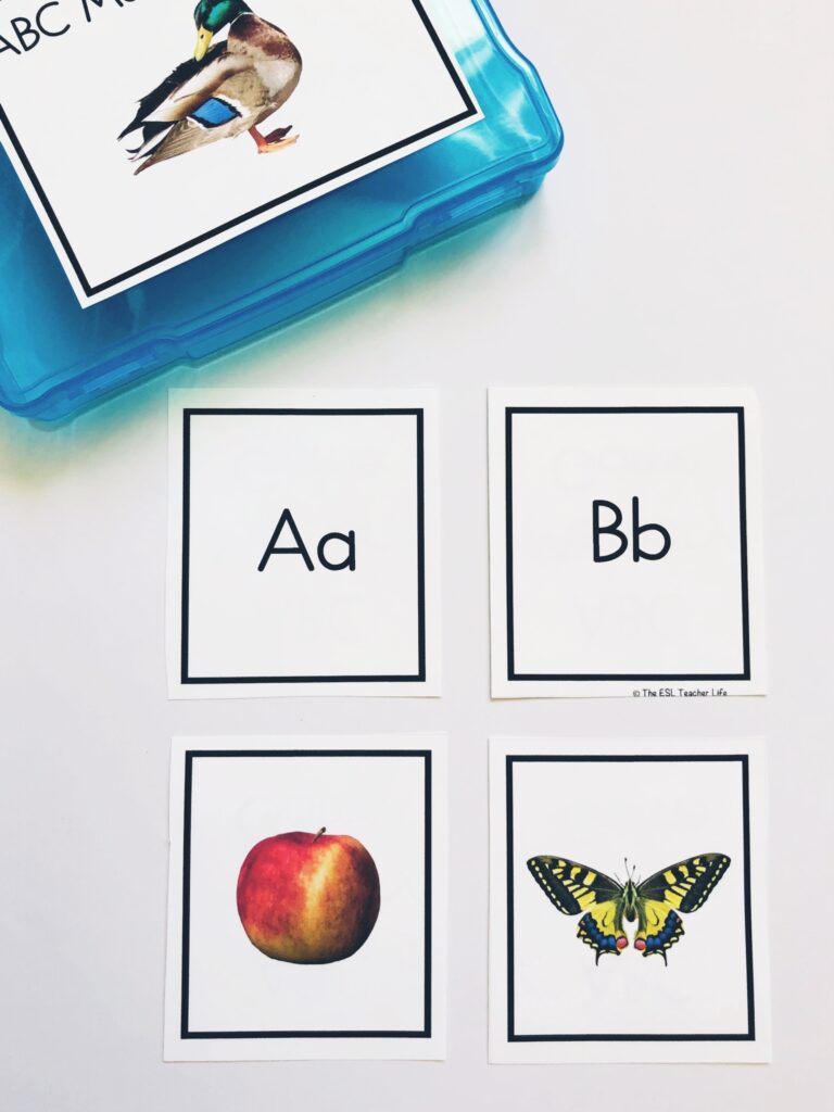 Picture of letters a and b as well as an apple and a butterfly useful to teaching letter sounds to English learners