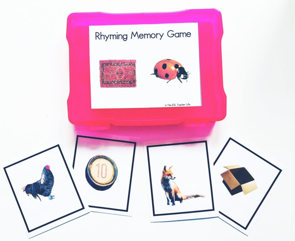 photo cards of rhyming words: hen, ten and fox, box as part of rhyming word matching game