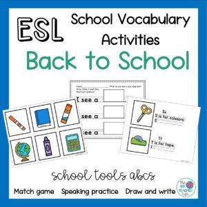 cover of ESL Back to School resource with matching cards, worksheets, and page of alphabet book