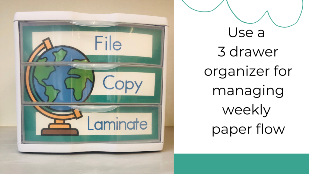3 drawer organizer with lables File, Copy, and Laminate