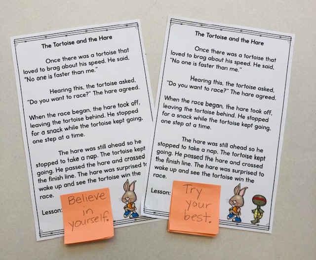 Photo of The Tortoise and the Hare fable with sticky notes with possible lessons.