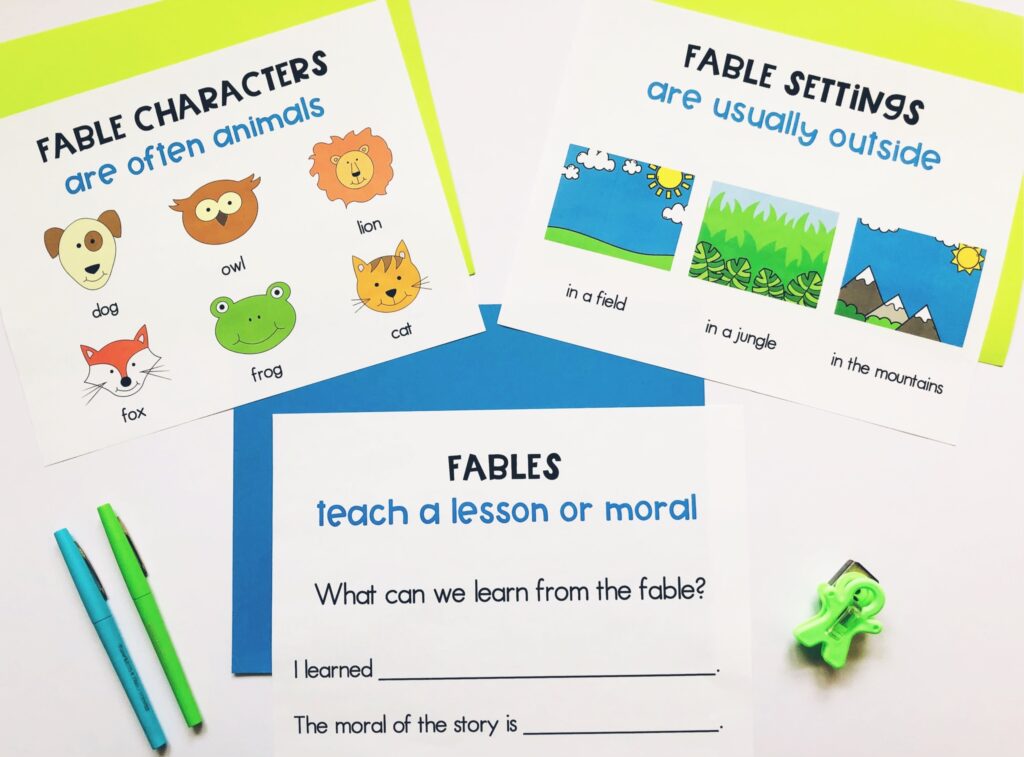 posters for teaching fables in ESL including characters, setting and lesson to supprt using visuals with ELLs
