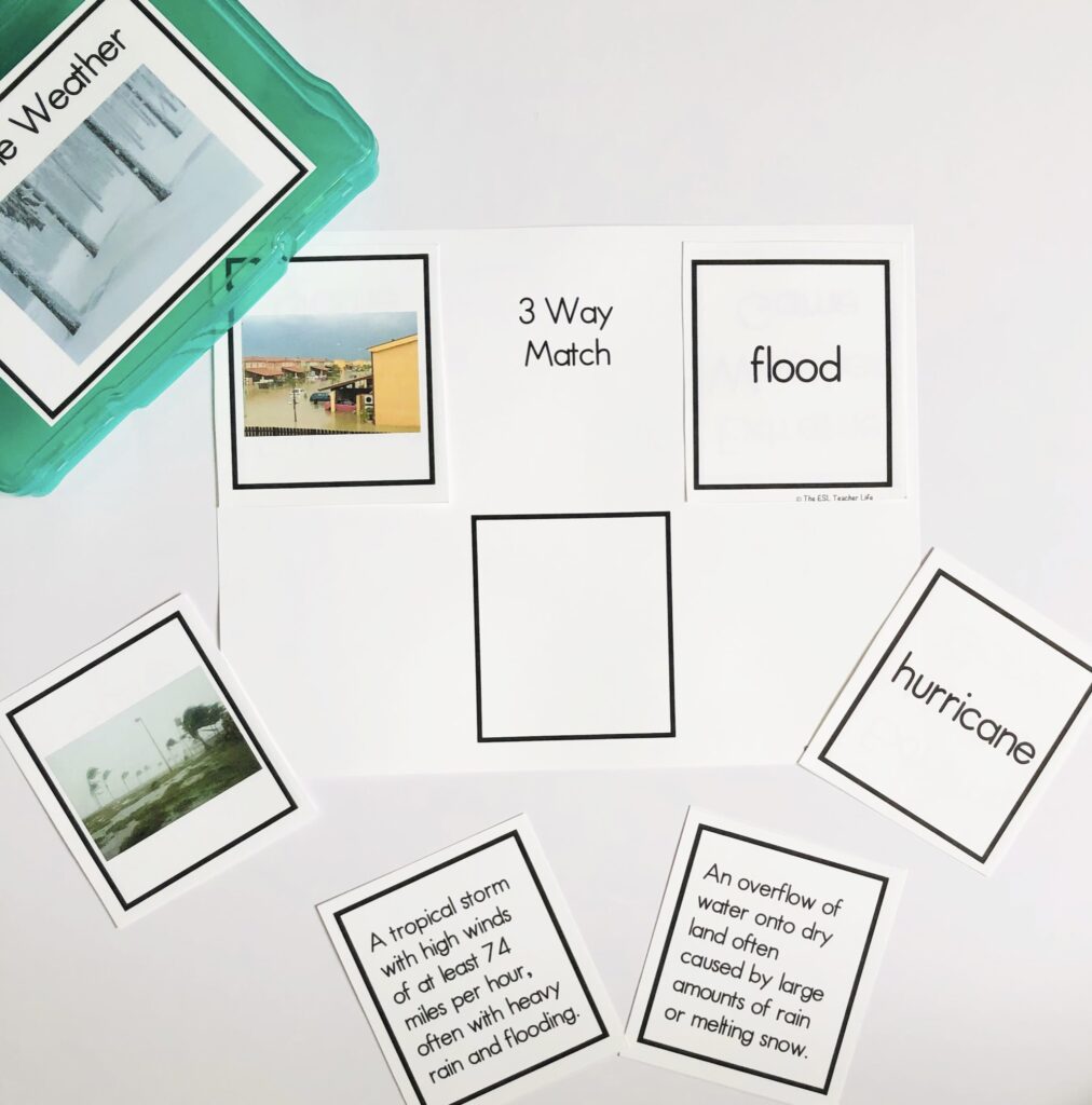 match game of extreme weather pictures, terms, and definitions to support using visuals with ELLs