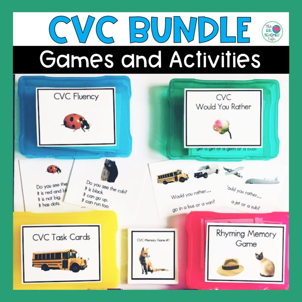 TPT resource CVC games and activities with task boxes and examples of resources