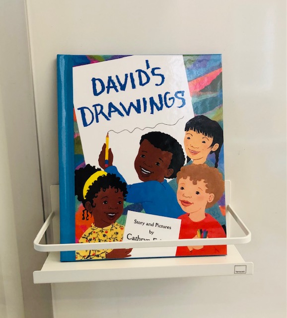 The book, David's Drawings is displayed in a magnetic book shelf
