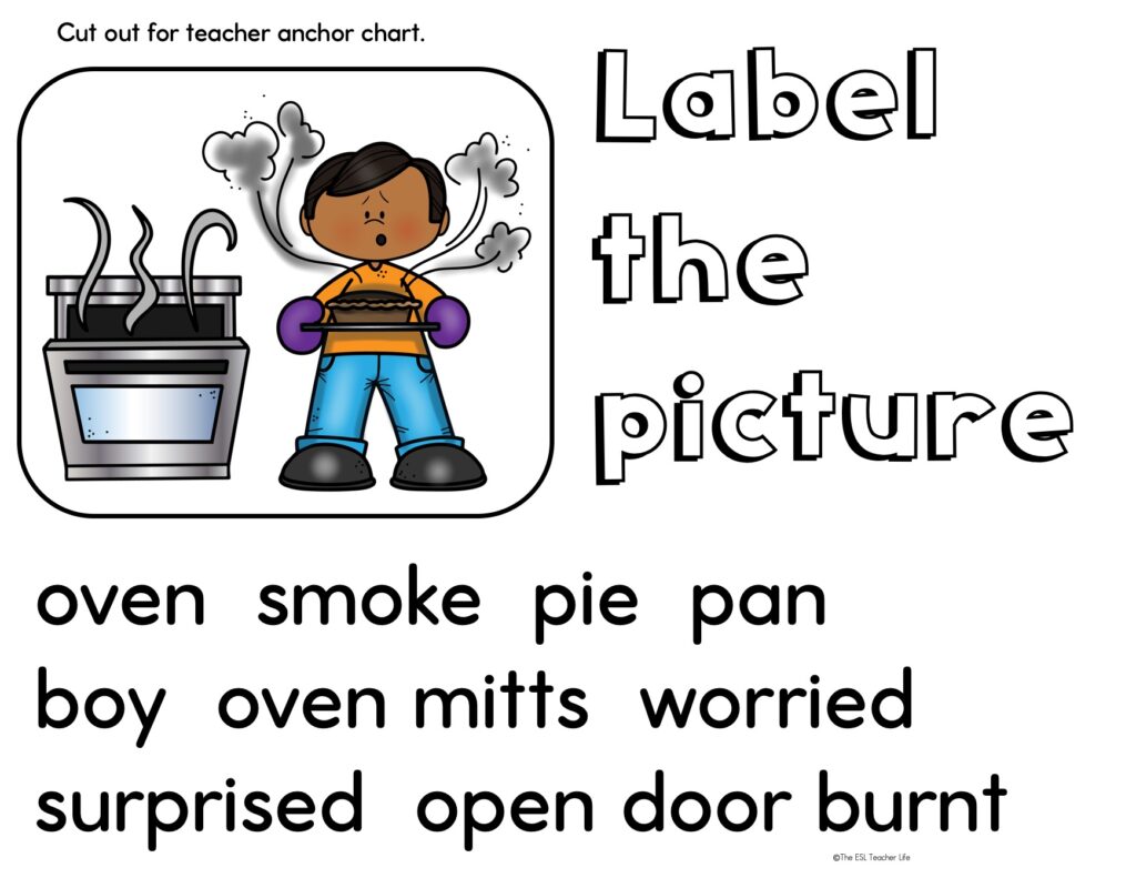 picture of a boy holding a burnt pie with heading label the picture and suggested vocabulary