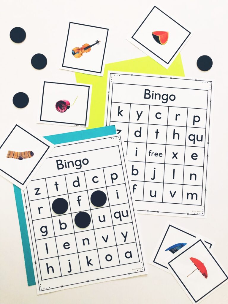 photo of bingo card with letters accompanies by photos of items with corresponding beginning sounds