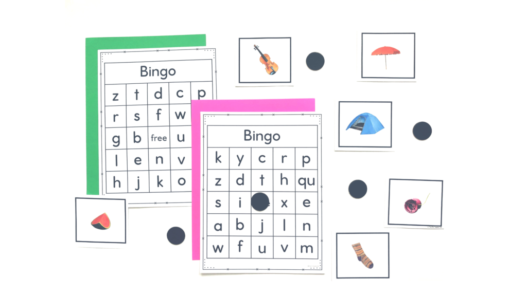 Bingo cards with letters of the alphabet and corresponding beginning sounds pictures for teaching letter sounds to English Learners.