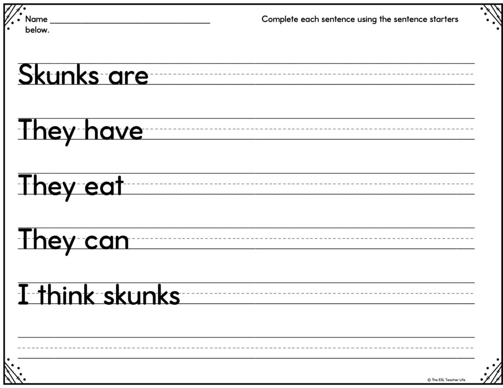 ESL writing activity worksheet with sentence starters about skunks.