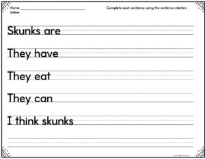 ESL writing activity worksheet with sentence starters about skunks.