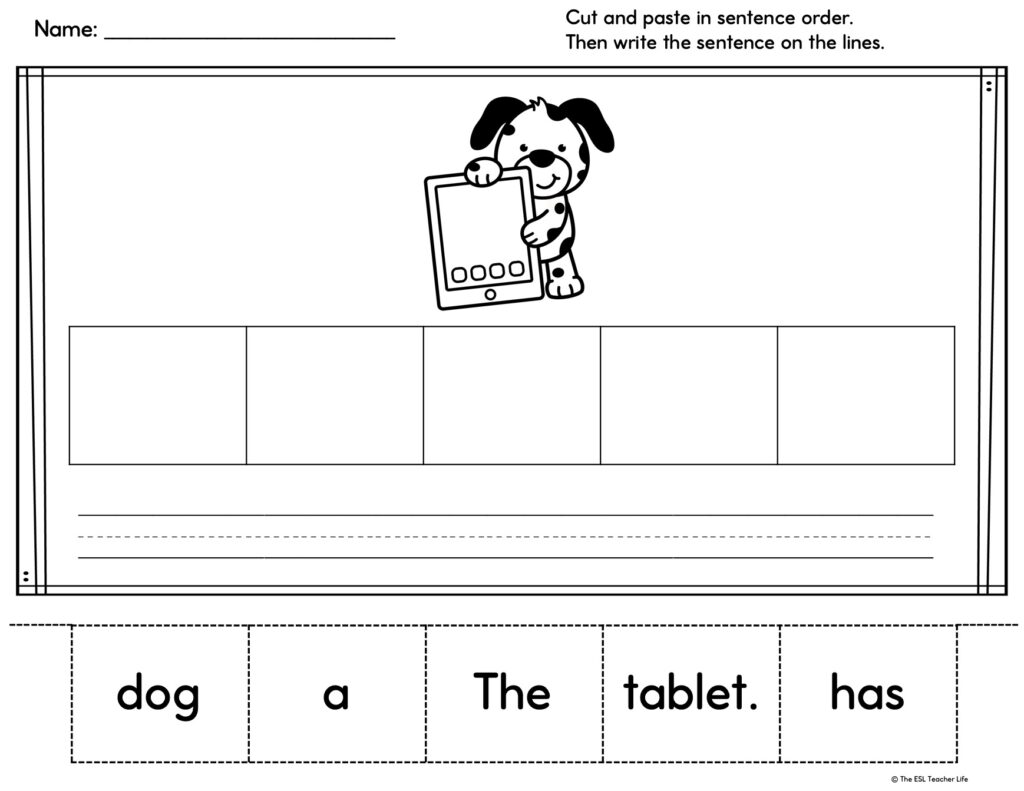 unscramble sentence writing activity with clipart dog holding a tablet