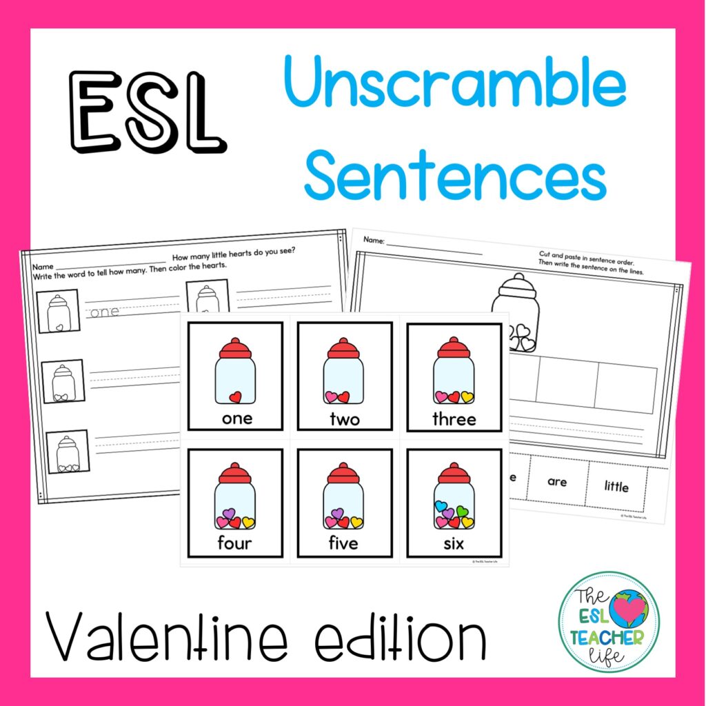 TPT resource cover of ESL Valentine's Day unscramble sentences