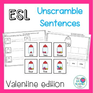 TPT resource cover of ESL Valentine's Day unscramble sentences