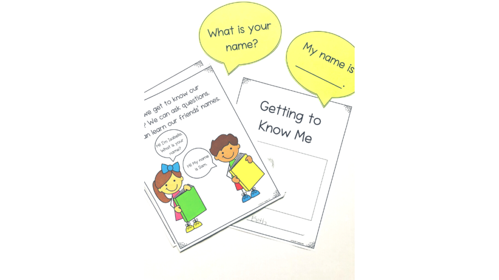 Photo of getting to know you resource with speech bubbles sentences including: What is your name? My name Is _, the second of 4 names activities for the ESL classroom