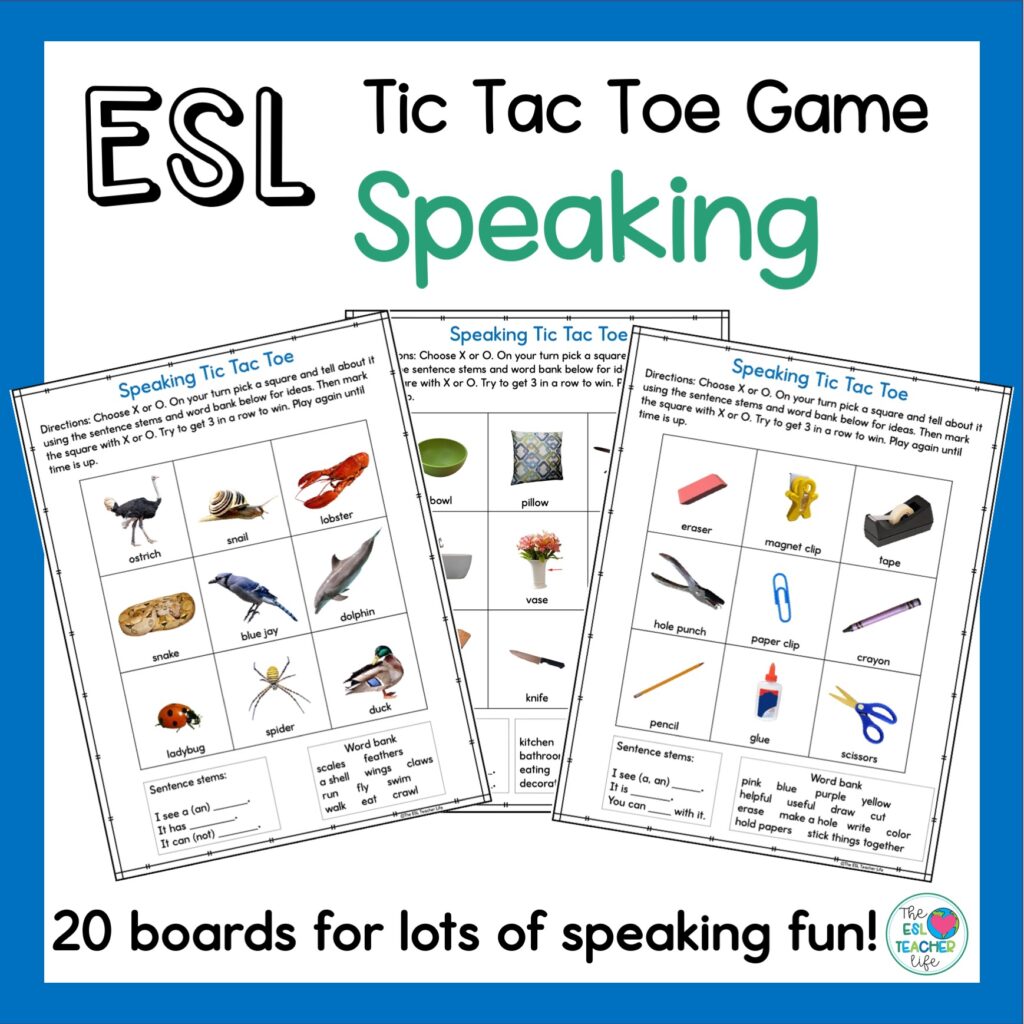 cover page of ESL Speaking Game resource with 3 game boards shown