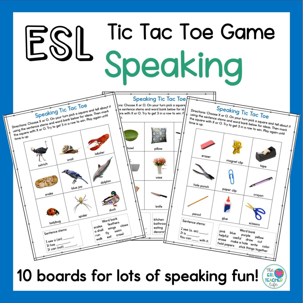 picture of a TPT resource ESL Speaking Games with 3 tic tac toe game boards shown