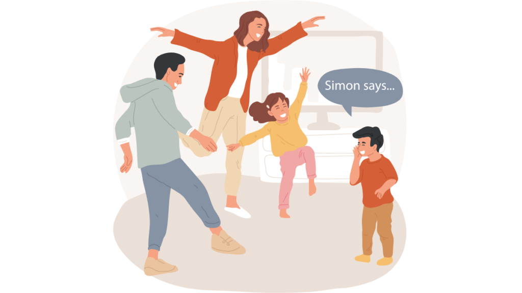 picture of family playing Simon Says as example of ESL speaking games