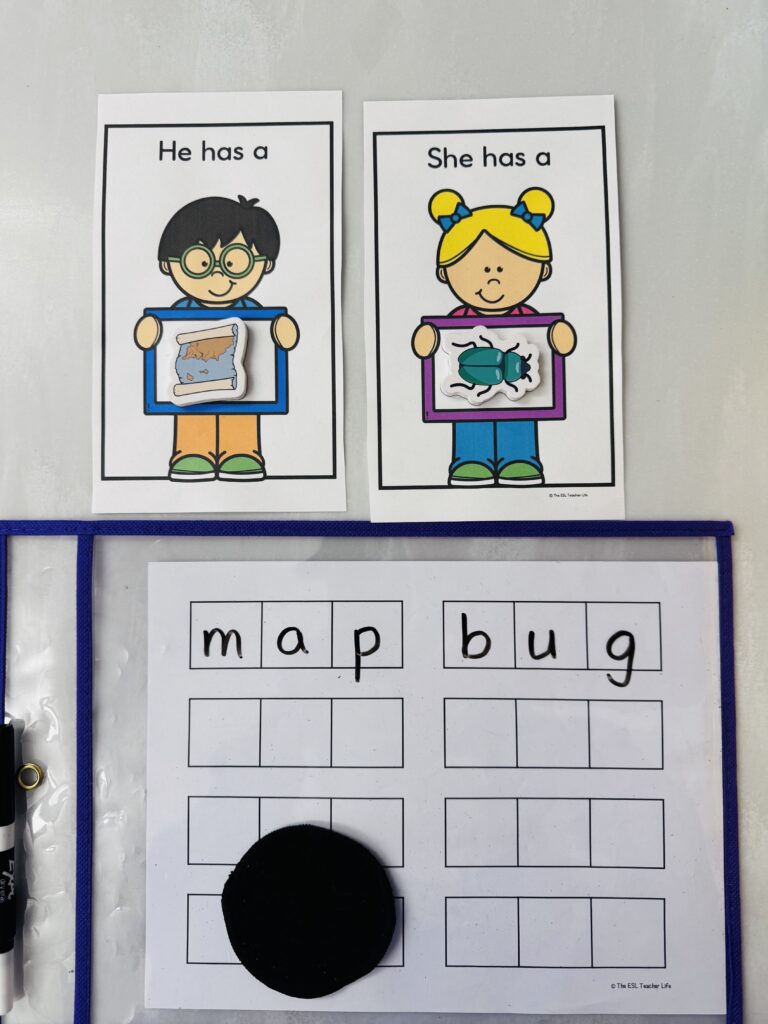 CVC word visuals for ESL phonics, speaking, and writing activities.