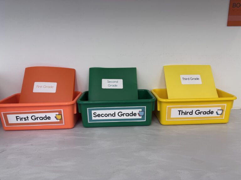 photo of bins and folders organized by grade levels