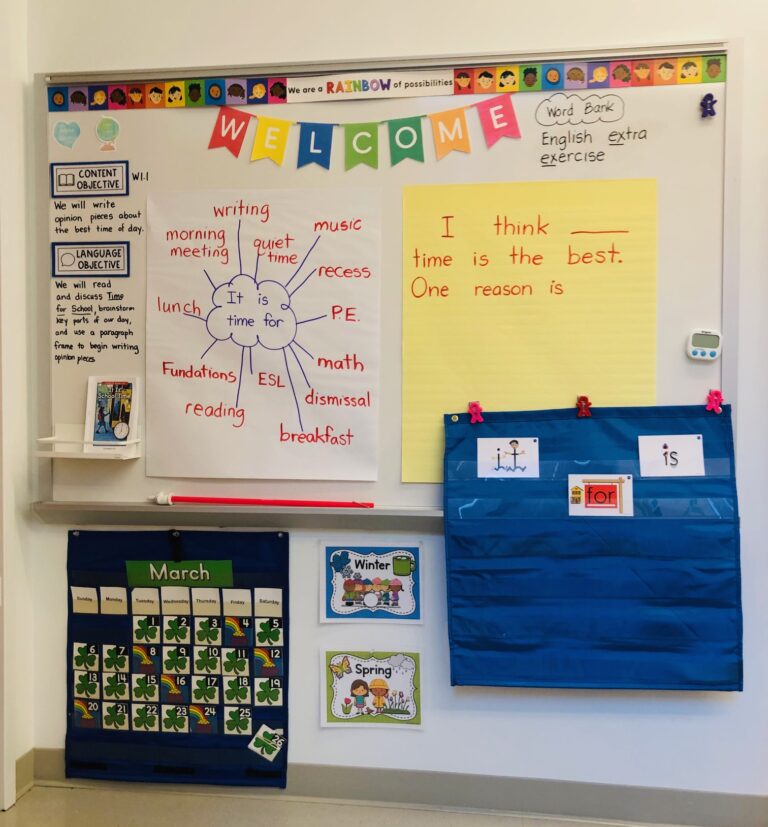 photo of ESL classroom chart paper on whiteboard