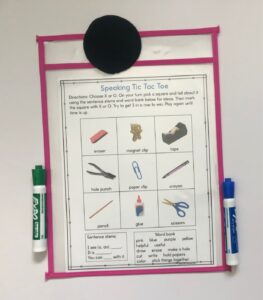 photo of ESL Speaking game board in dry erase pocket sleeve