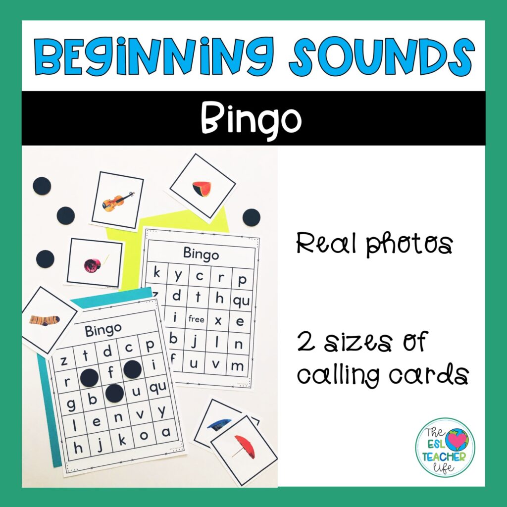 ESL Listening Game shown: Front cover of beginning sounds bingo resource
