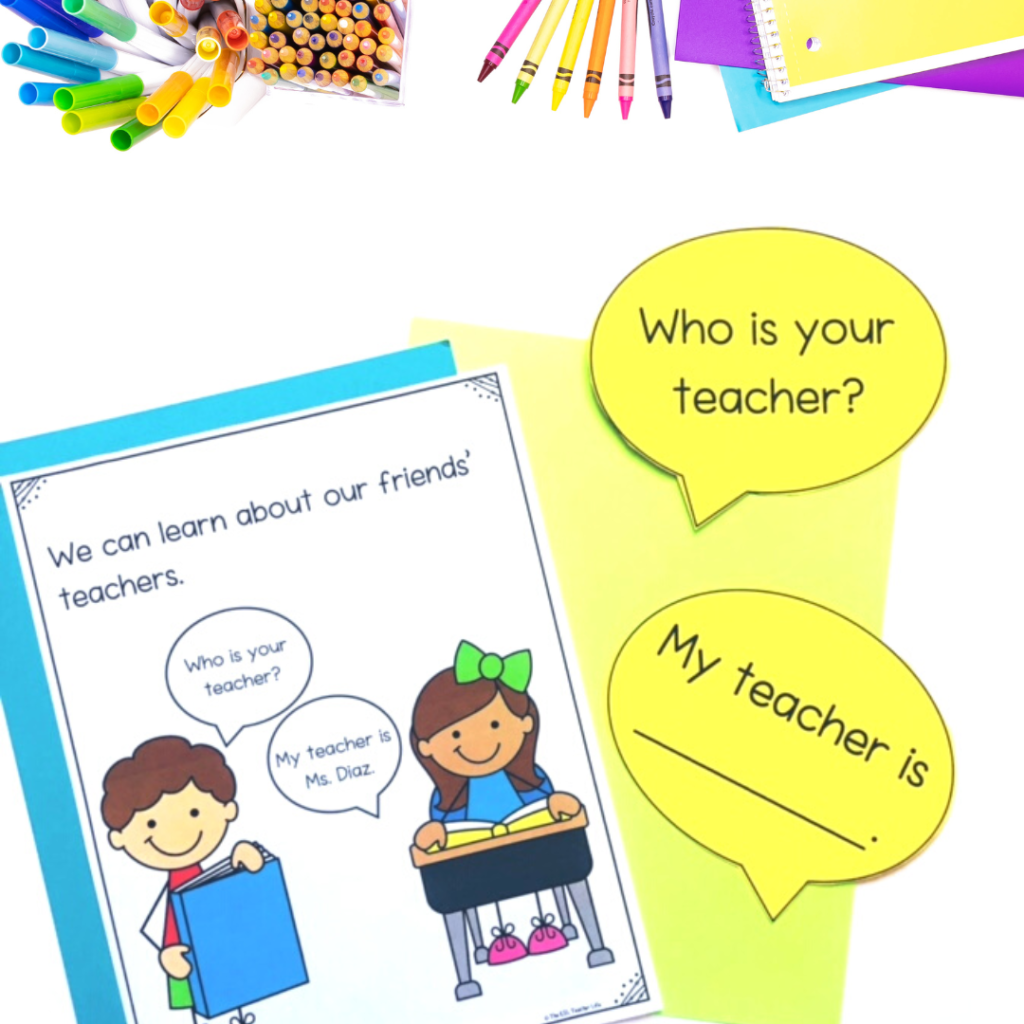 Photo of speech bubbles with Who Is Your Teacher? part of the ESL Getting to Know You Activities resource