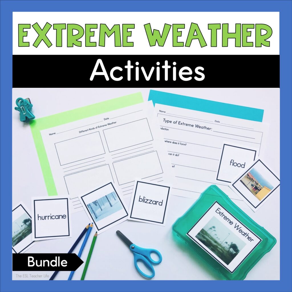 cover of Extreme Weather activities resource with photos and word cards as well as writing activities