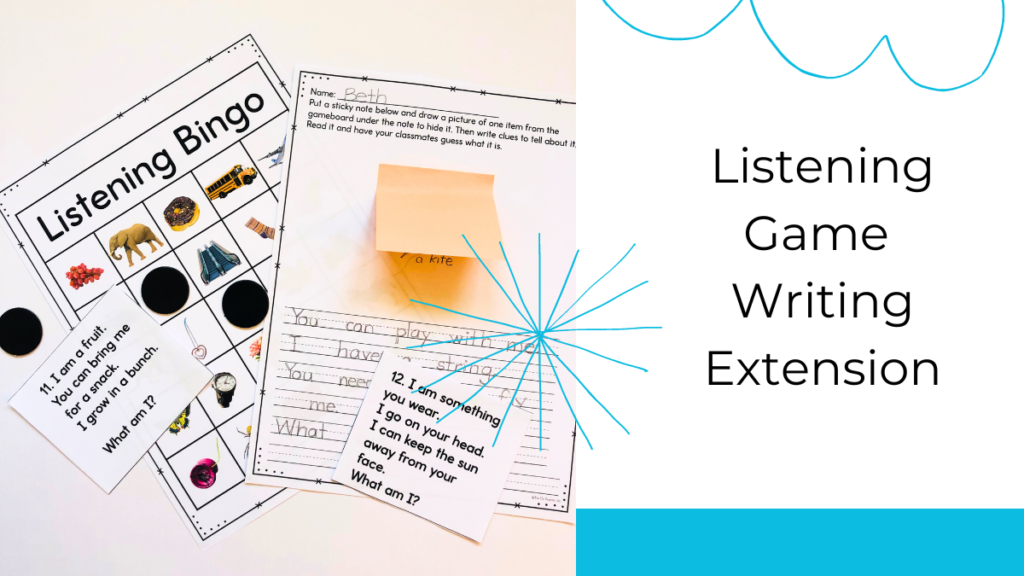use games to boost writing engagement: shown a listening game writing extension for listening bingo game