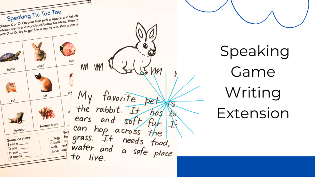 Speaking Games Writing extension shows a speaking tic tac to game about pets with a paragraph about rabbits as an example of how to use the sentence stems shown in the game to boost writing engagement