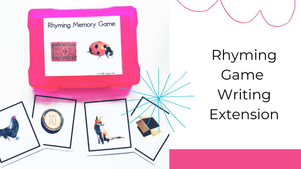 Rhyming Game Writing extension shows pictures of rhyming words hen, ten and fox, box
