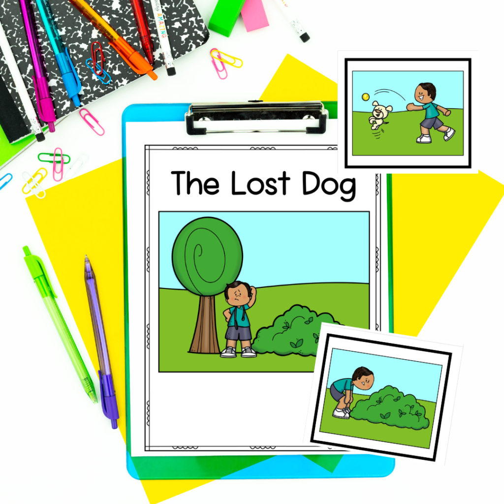 photo of Lost Dog book and retelling cards to support narrative writing