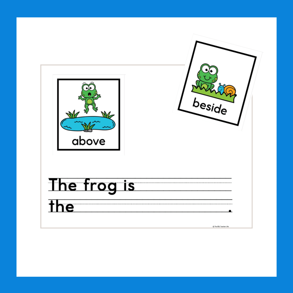 printable setnce frame and visuals with frogs for teaching prepositions of place