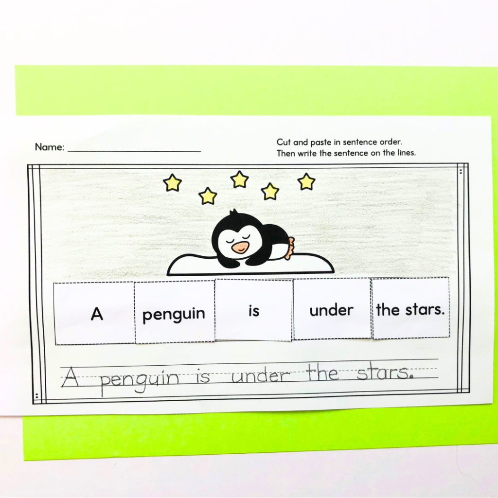sentence building practice for prepositions of place with penguin under the stars