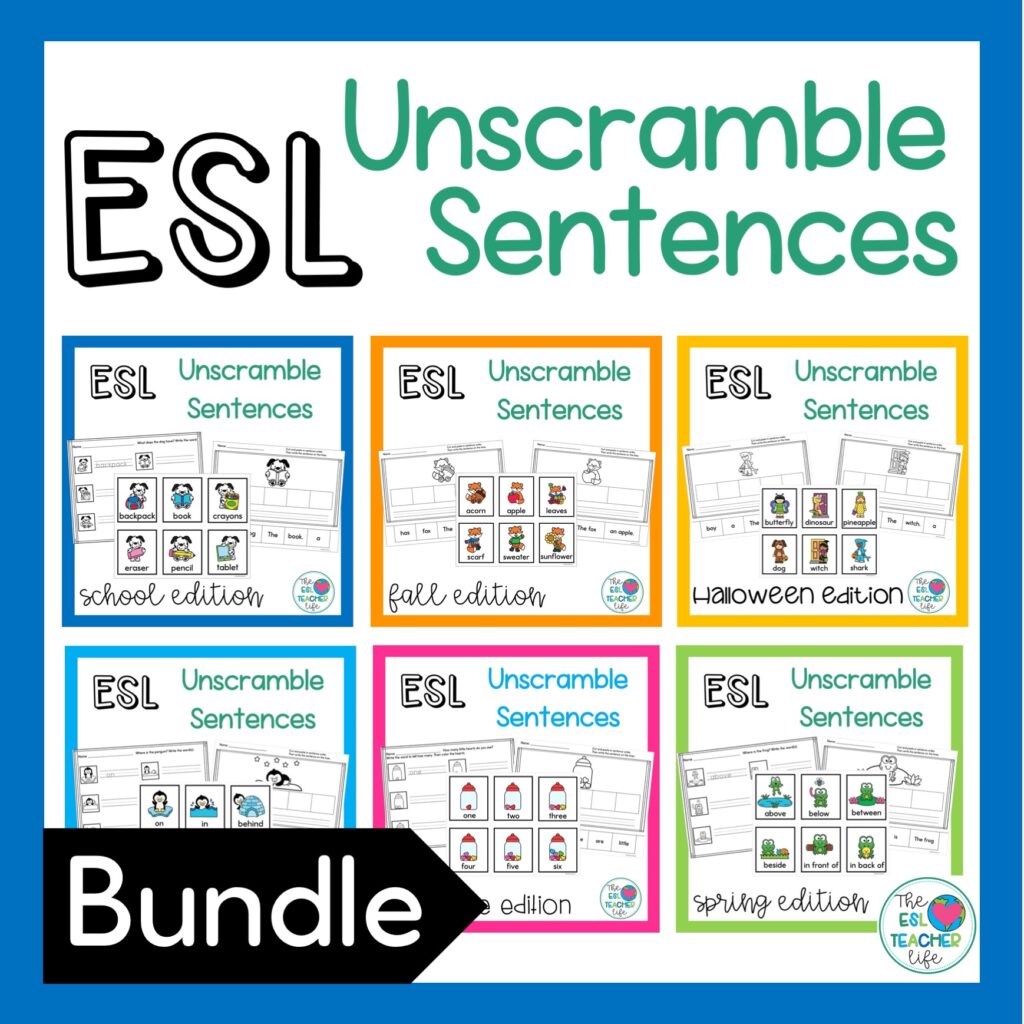 Cover of TPT bundle resource with unscramble sentences practice throughout the year