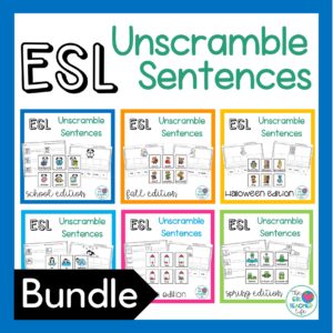 Cover of TPT bundle resource with unscramble sentence writing practice throughout the year