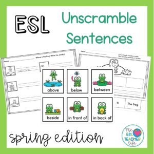 cover of spring unscramble sentence writing resource with a focus on prepositions