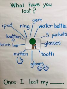 Classroom chart of brainstormed items students have lost in preparation for narrative writing