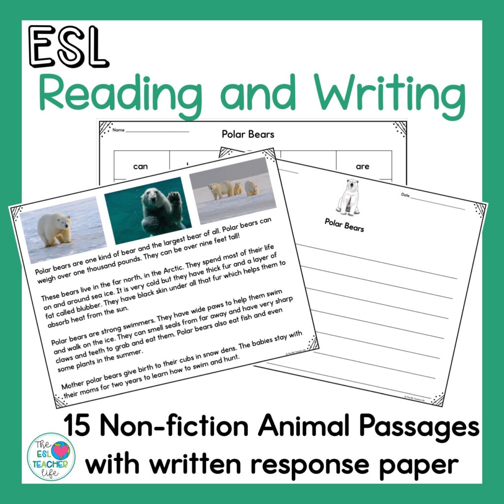 ESL reading activities: cover page of TPT product with reading passages and writing organizers