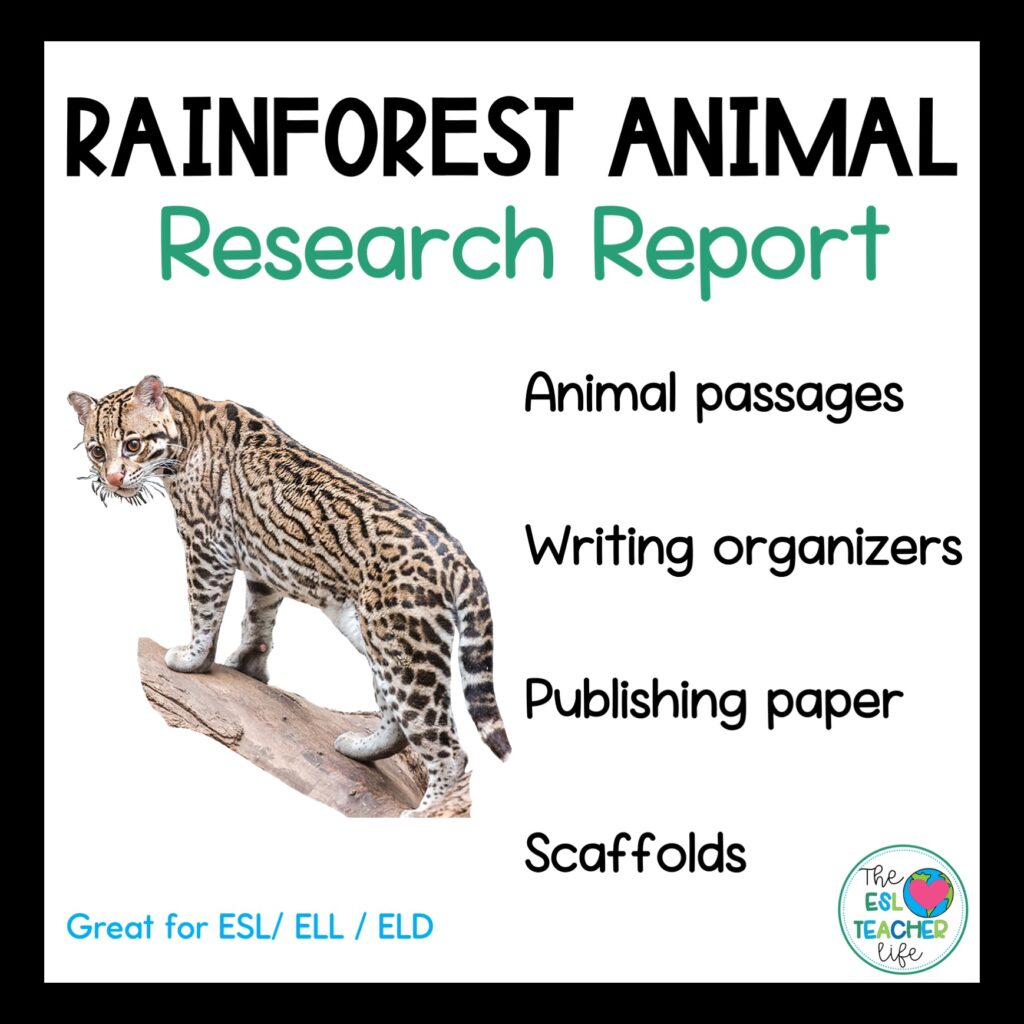 cover of TPT resource on rainforest research reports with reading passages for the ELD classroom