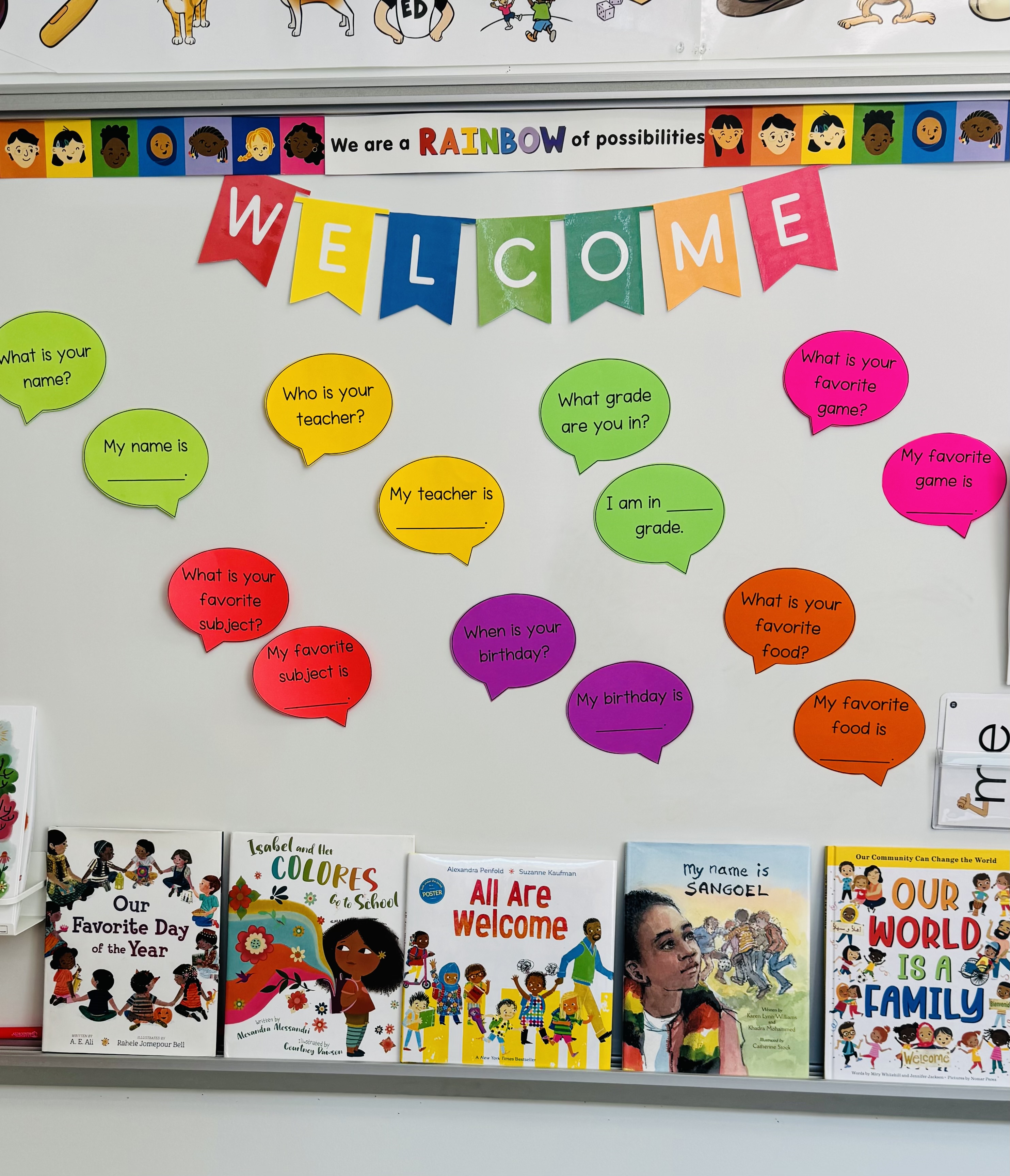 ESL classroom setup with whiteboard, speaking support and books on display