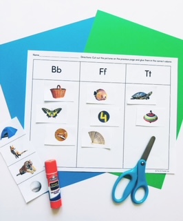 picture sort by beginning sound using supplies of glue stick and scissors