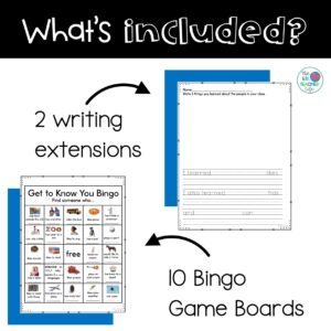 what's included visual of bingo card and writing worksheets