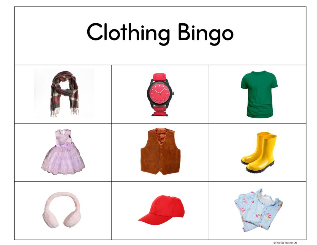 ESL Newcomer Activities Clothing Bingo board with 9 clothing photos