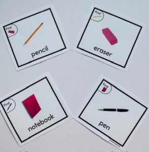 partner cards (pencil and eraser, notebook and pen) real photos for a newcomer-friendly classroom