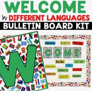 welcome bulletin board kit by Language Adventurist for a newcomer-friendly classroom