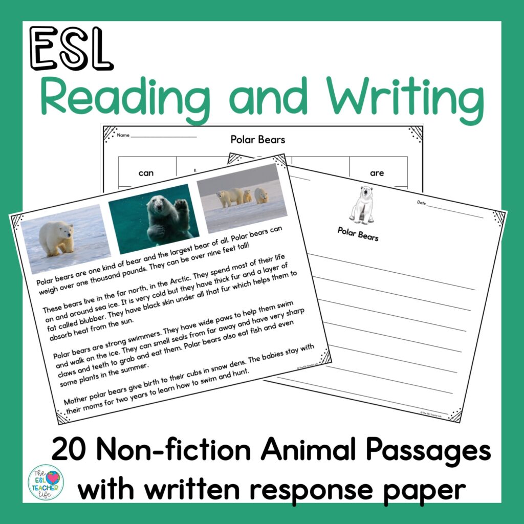 ESL reading and writing animal passages resource on TPT cover for targeted ESL reading activities