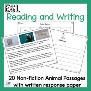 ESL reading and writing animal passages resource on TPT cover for targeted ESL reading activities