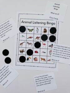 animals listening bingo board with clue cards
