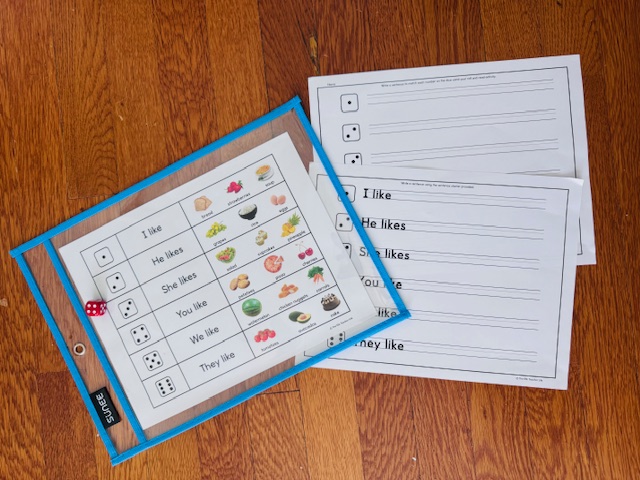 roll and speak vocabulary game with writing extension